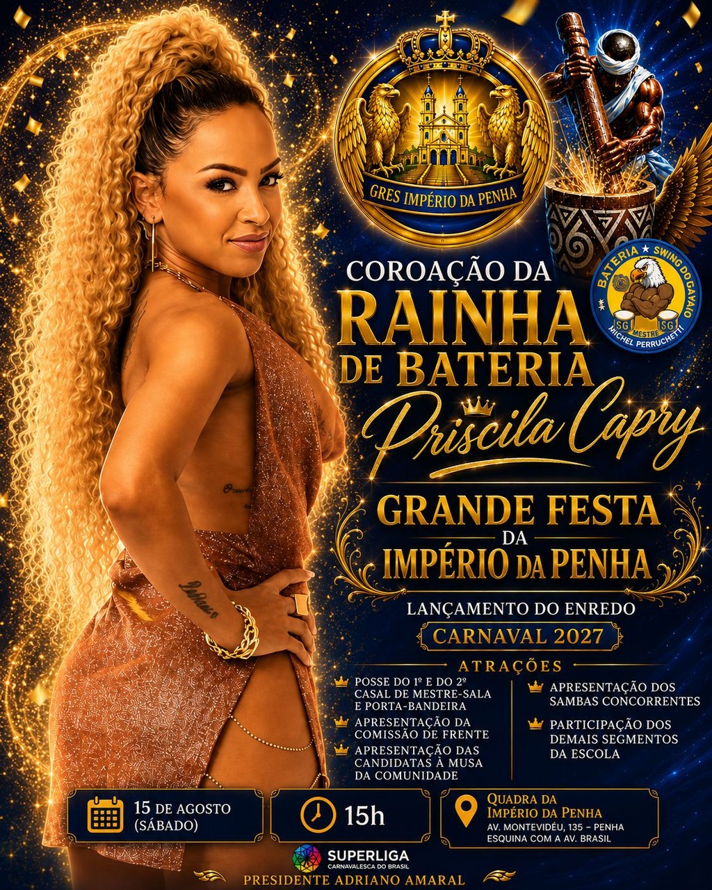 Império da Penha apresenta sambas concorrentes e coroa nova rainha de bateria neste sábado, 15