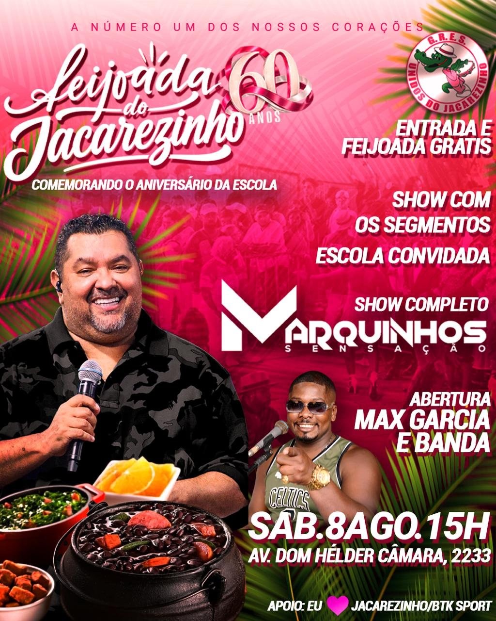 Unidos do Jacarezinho celebra 60 anos com feijoada gratuita e show de Marquinhos Sensação